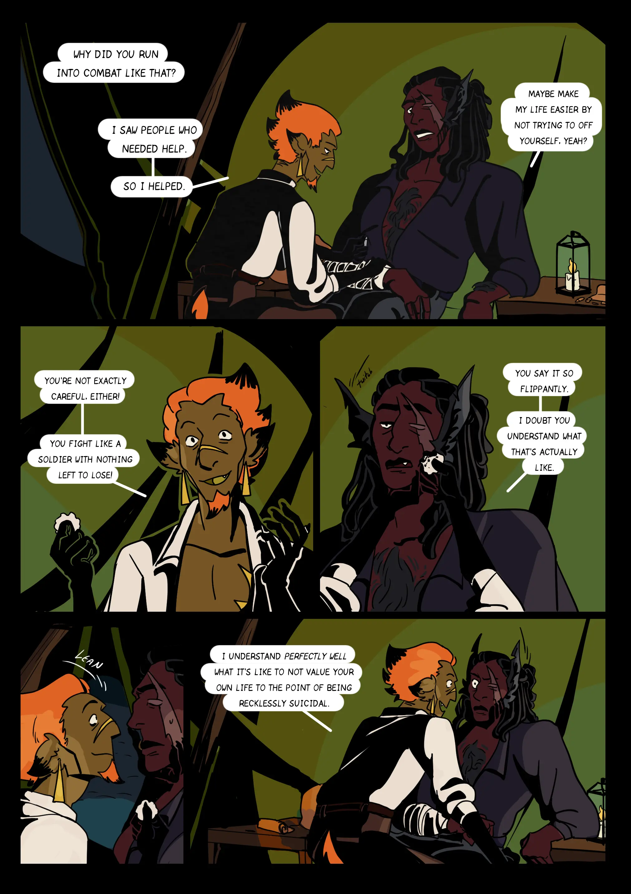 Page 1 of A Quiet Moment - A short comic depicting two men after a battle, arguing about their behavior.